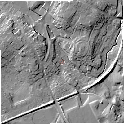 Shaded relief map of the ground around SY131ET, computed from Environment Agency LiDAR. The ground here sits at about 94 m above sea level and falls 15 m across the surrounding 800 m. Surface water reaching this point runs off ground lying to the north-north-east, 13.8 m higher.