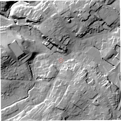 Shaded relief map of the ground around SY131GA, computed from Environment Agency LiDAR. The ground here sits at about 91 m above sea level and falls 22 m across the surrounding 800 m. Surface water reaching this point runs off ground lying to the north-north-east, 16.6 m higher.