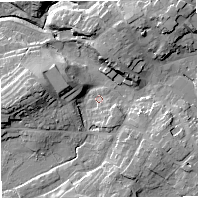 Shaded relief map of the ground around SY131NS, computed from Environment Agency LiDAR. The ground here sits at about 92 m above sea level and falls 22 m across the surrounding 800 m. Surface water reaching this point runs off ground lying to the west, 17.2 m higher.