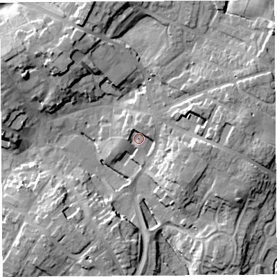 Shaded relief map of the ground around SY131QL, computed from Environment Agency LiDAR. The ground here sits at about 96 m above sea level and falls 19 m across the surrounding 800 m. Surface water reaching this point runs off ground lying to the north-east, 4.3 m higher.