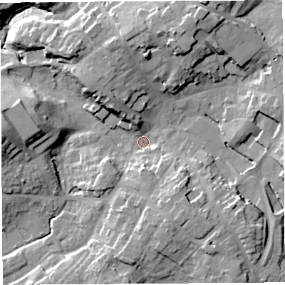 Shaded relief map of the ground around SY131SE, computed from Environment Agency LiDAR. The ground here sits at about 91 m above sea level and falls 21 m across the surrounding 800 m. Surface water reaching this point runs off ground lying to the north-north-east, 16.6 m higher.