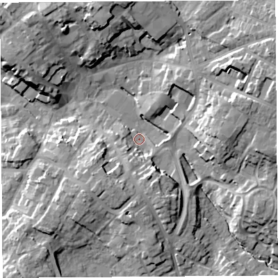 Shaded relief map of the ground around SY131SF, computed from Environment Agency LiDAR. The ground here sits at about 94 m above sea level and falls 17 m across the surrounding 800 m. Surface water reaching this point runs off ground lying to the east-north-east, 13.8 m higher.