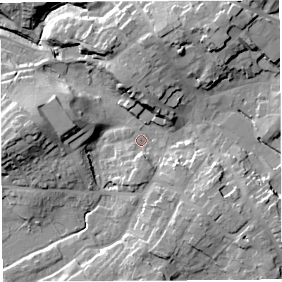 Shaded relief map of the ground around SY131SH, computed from Environment Agency LiDAR. The ground here sits at about 92 m above sea level and falls 22 m across the surrounding 800 m. Surface water reaching this point runs off ground lying to the north-east, 16.6 m higher.