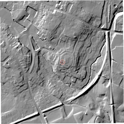 Shaded relief map of the ground around SY131TL, computed from Environment Agency LiDAR. The ground here sits at about 101 m above sea level and falls 15 m across the surrounding 800 m. Surface water reaching this point runs off ground lying to the east-north-east, 2.9 m higher.