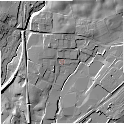 Shaded relief map of the ground around SY131TT, computed from Environment Agency LiDAR. The ground here sits at about 100 m above sea level and falls 13 m across the surrounding 800 m. Surface water reaching this point runs off ground lying to the north-west, 3.4 m higher.