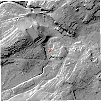 Shaded relief map of the ground around SY131TZ, computed from Environment Agency LiDAR. The ground here sits at about 92 m above sea level and falls 22 m across the surrounding 800 m. Surface water reaching this point runs off ground lying to the west-north-west, 17.1 m higher.