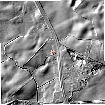 Shaded relief map of the ground around SY132AE, computed from Environment Agency LiDAR. The ground here sits at about 95 m above sea level and falls 19 m across the surrounding 800 m. Surface water reaching this point runs off ground lying to the north-east, 17.3 m higher.