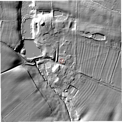 Shaded relief map of the ground around SY132AW, computed from Environment Agency LiDAR. The ground here sits at about 87 m above sea level and falls 21 m across the surrounding 800 m. Surface water reaching this point runs off ground lying to the north-north-west, 6.3 m higher.