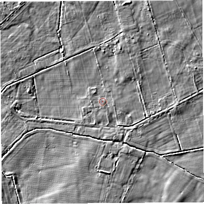 Shaded relief map of the ground around SY132BJ, computed from Environment Agency LiDAR. The ground here sits at about 81 m above sea level and falls 5 m across the surrounding 800 m. The ground contributing surface water to this point lies to the south-south-east.