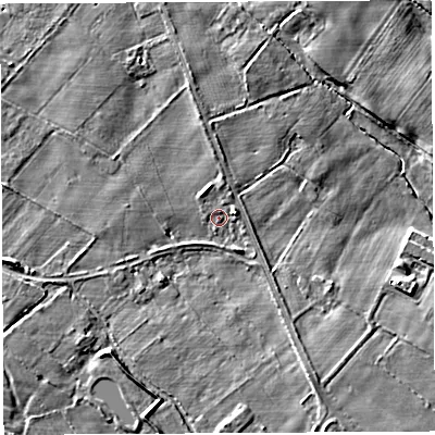 Shaded relief map of the ground around SY132HY, computed from Environment Agency LiDAR. The ground here sits at about 89 m above sea level and falls 8 m across the surrounding 800 m. Surface water reaching this point runs off ground lying to the west-south-west, 3.6 m higher.