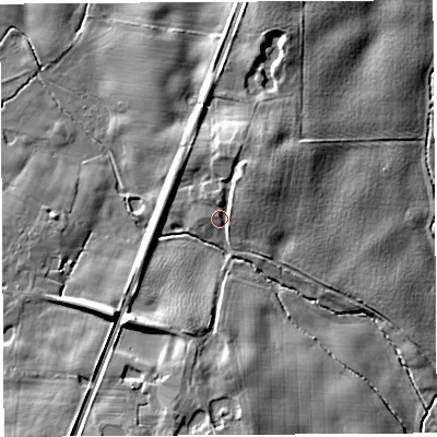 Shaded relief map of the ground around SY133LB, computed from Environment Agency LiDAR. The ground here sits at about 92 m above sea level and falls 13 m across the surrounding 800 m. Surface water reaching this point runs off ground lying to the north-north-east, 7.7 m higher.
