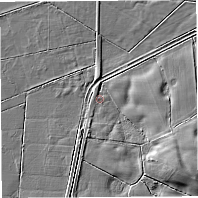 Shaded relief map of the ground around SY134HG, computed from Environment Agency LiDAR. The ground here sits at about 74 m above sea level and falls 10 m across the surrounding 800 m. Surface water reaching this point runs off ground lying to the north-north-west, 2.0 m higher.