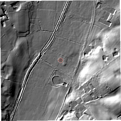 Shaded relief map of the ground around SY134JJ, computed from Environment Agency LiDAR. The ground here sits at about 75 m above sea level and falls 32 m across the surrounding 800 m. Surface water reaching this point runs off ground lying to the south-east, 31.3 m higher.