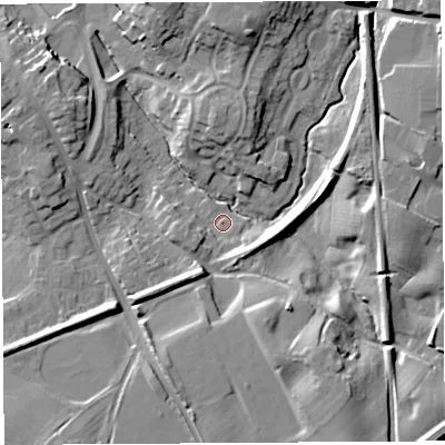 Shaded relief map of the ground around SY134NG, computed from Environment Agency LiDAR. The ground here sits at about 95 m above sea level and falls 16 m across the surrounding 800 m. Surface water reaching this point runs off ground lying to the south-east, 13.3 m higher.