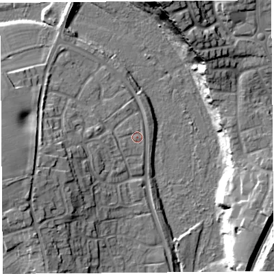 Shaded relief map of the ground around SY13RT, computed from Environment Agency LiDAR. The ground here sits at about 54 m above sea level and falls 25 m across the surrounding 800 m. Surface water reaching this point runs off ground lying to the west-south-west, 1.2 m higher.