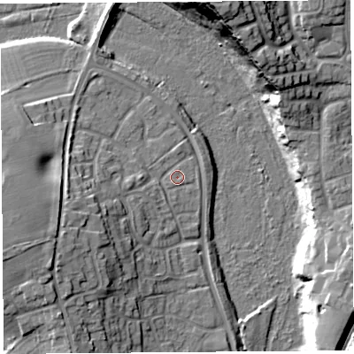 Shaded relief map of the ground around SY13SJ, computed from Environment Agency LiDAR. The ground here sits at about 54 m above sea level and falls 26 m across the surrounding 800 m. Surface water reaching this point runs off ground lying to the west-south-west, 2.9 m higher.