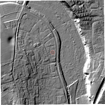 Shaded relief map of the ground around SY13SN, computed from Environment Agency LiDAR. The ground here sits at about 53 m above sea level and falls 23 m across the surrounding 800 m. Surface water reaching this point runs off ground lying to the west-south-west, 11.5 m higher.