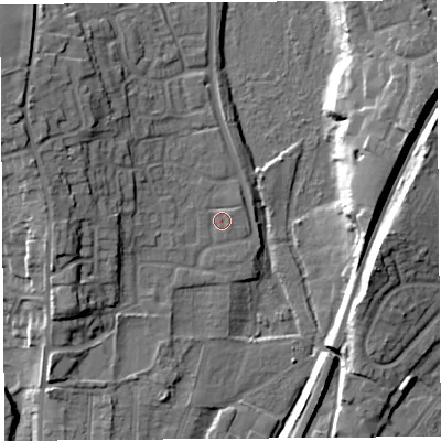 Shaded relief map of the ground around SY13SS, computed from Environment Agency LiDAR. The ground here sits at about 54 m above sea level and falls 16 m across the surrounding 800 m. Surface water reaching this point runs off ground lying to the south-east, 1.1 m higher.