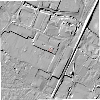 Shaded relief map of the ground around SY13TG, computed from Environment Agency LiDAR. The ground here sits at about 74 m above sea level and falls 13 m across the surrounding 800 m. Surface water reaching this point runs off ground lying to the south-west, 2.4 m higher.