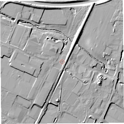 Shaded relief map of the ground around SY13TP, computed from Environment Agency LiDAR. The ground here sits at about 71 m above sea level and falls 16 m across the surrounding 800 m. Surface water reaching this point runs off ground lying to the north-west, 12.3 m higher.
