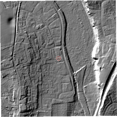 Shaded relief map of the ground around SY13XS, computed from Environment Agency LiDAR. The ground here sits at about 54 m above sea level and falls 17 m across the surrounding 800 m. Surface water reaching this point runs off ground lying to the west, 7.7 m higher.