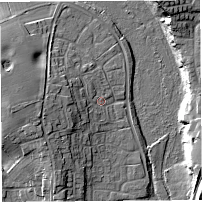 Shaded relief map of the ground around SY13XW, computed from Environment Agency LiDAR. The ground here sits at about 55 m above sea level and falls 21 m across the surrounding 800 m. Surface water reaching this point runs off ground lying to the west-south-west, 10.2 m higher.