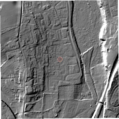 Shaded relief map of the ground around SY13YS, computed from Environment Agency LiDAR. The ground here sits at about 54 m above sea level and falls 16 m across the surrounding 800 m. Surface water reaching this point runs off ground lying to the west-north-west, 1.7 m higher.