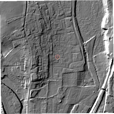 Shaded relief map of the ground around SY13YT, computed from Environment Agency LiDAR. The ground here sits at about 54 m above sea level and falls 16 m across the surrounding 800 m. Surface water reaching this point runs off ground lying to the north-west, 11.1 m higher.