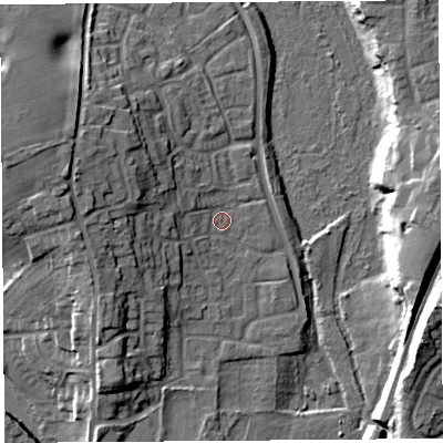 Shaded relief map of the ground around SY13YX, computed from Environment Agency LiDAR. The ground here sits at about 54 m above sea level and falls 16 m across the surrounding 800 m. Surface water reaching this point runs off ground lying to the west-north-west, 7.3 m higher.