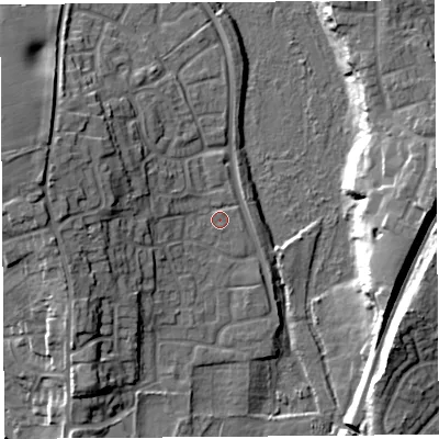 Shaded relief map of the ground around SY13YY, computed from Environment Agency LiDAR. The ground here sits at about 54 m above sea level and falls 16 m across the surrounding 800 m. Surface water reaching this point runs off ground lying to the west, 7.8 m higher.
