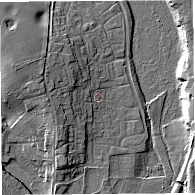 Shaded relief map of the ground around SY13YZ, computed from Environment Agency LiDAR. The ground here sits at about 55 m above sea level and falls 16 m across the surrounding 800 m. Surface water reaching this point runs off ground lying to the west-north-west, 9.8 m higher.