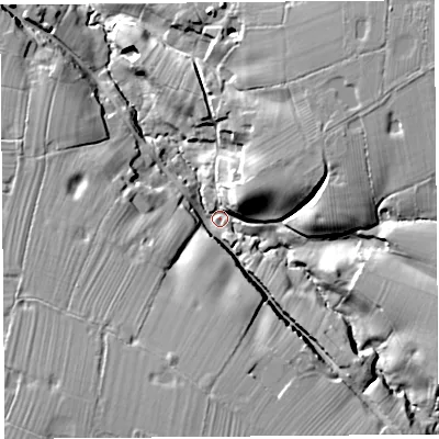 Shaded relief map of the ground around SY147DP, computed from Environment Agency LiDAR. The ground here sits at about 37 m above sea level and falls 21 m across the surrounding 800 m. Surface water reaching this point runs off ground lying to the north-east, 17.5 m higher.
