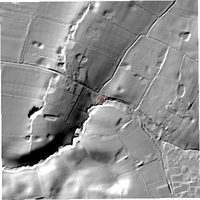 Shaded relief map of the ground around SY147EW, computed from Environment Agency LiDAR. The ground here sits at about 69 m above sea level and falls 24 m across the surrounding 800 m. Surface water reaching this point runs off ground lying to the east-north-east, 15.9 m higher.