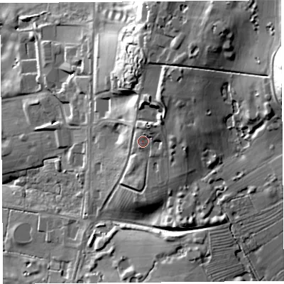 Shaded relief map of the ground around SY147HP, computed from Environment Agency LiDAR. The ground here sits at about 53 m above sea level and falls 54 m across the surrounding 800 m. Surface water reaching this point runs off ground lying to the north-east, 6.3 m higher.