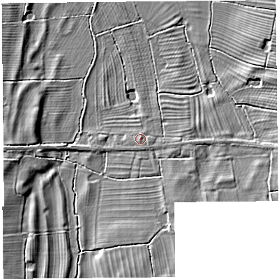 Shaded relief map of the ground around SY147HT, computed from Environment Agency LiDAR. The ground here sits at about 16 m above sea level and falls 5 m across the surrounding 800 m. Surface water reaching this point runs off ground lying to the east, 1.0 m higher.