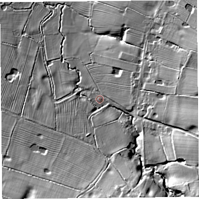 Shaded relief map of the ground around SY147JF, computed from Environment Agency LiDAR. The ground here sits at about 42 m above sea level and falls 26 m across the surrounding 800 m. Surface water reaching this point runs off ground lying to the east-south-east, 2.5 m higher.