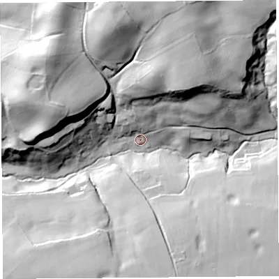 Shaded relief map of the ground around SY147JR, computed from Environment Agency LiDAR. The ground here sits at about 55 m above sea level and falls 40 m across the surrounding 800 m. Surface water reaching this point runs off ground lying to the north-north-east, 28.5 m higher.