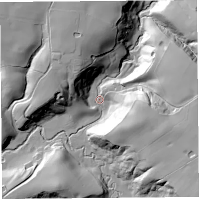 Shaded relief map of the ground around SY147JX, computed from Environment Agency LiDAR. The ground here sits at about 47 m above sea level and falls 45 m across the surrounding 800 m. Surface water reaching this point runs off ground lying to the east-south-east, 42.4 m higher.