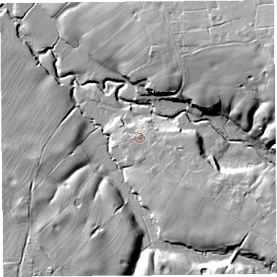 Shaded relief map of the ground around SY147LN, computed from Environment Agency LiDAR. The ground here sits at about 28 m above sea level and falls 31 m across the surrounding 800 m. Surface water reaching this point runs off ground lying to the south-east, 4.4 m higher.