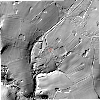 Shaded relief map of the ground around SY148LE, computed from Environment Agency LiDAR. The ground here sits at about 74 m above sea level and falls 36 m across the surrounding 800 m. Surface water reaching this point runs off ground lying to the north-east, 5.5 m higher.