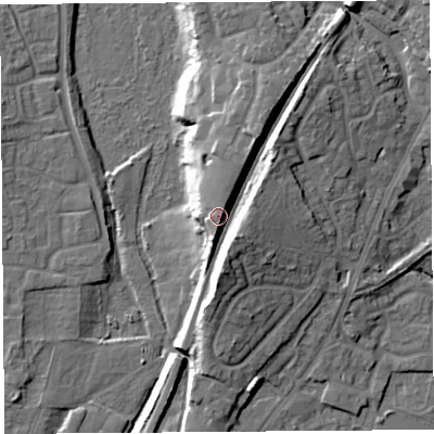 Shaded relief map of the ground around SY14DA, computed from Environment Agency LiDAR. The ground here sits at about 63 m above sea level and falls 16 m across the surrounding 800 m. Surface water reaching this point runs off ground lying to the east, 5.4 m higher.