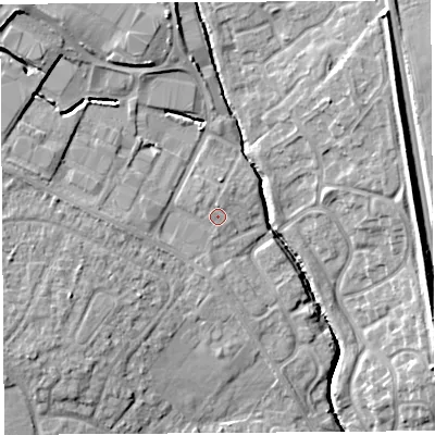 Shaded relief map of the ground around SY14NQ, computed from Environment Agency LiDAR. The ground here sits at about 61 m above sea level and falls 13 m across the surrounding 800 m. Surface water reaching this point runs off ground lying to the west, 2.1 m higher.
