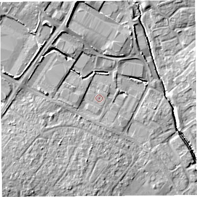 Shaded relief map of the ground around SY14NS, computed from Environment Agency LiDAR. The ground here sits at about 62 m above sea level and falls 14 m across the surrounding 800 m. Surface water reaching this point runs off ground lying to the west, 2.4 m higher.
