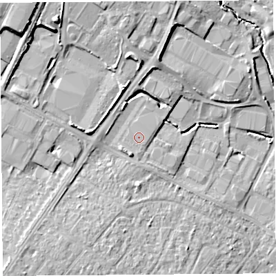 Shaded relief map of the ground around SY14PP, computed from Environment Agency LiDAR. The ground here sits at about 64 m above sea level and falls 14 m across the surrounding 800 m. The ground contributing surface water to this point lies to the south.