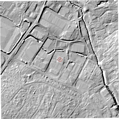 Shaded relief map of the ground around SY14YQ, computed from Environment Agency LiDAR. The ground here sits at about 62 m above sea level and falls 14 m across the surrounding 800 m. Surface water reaching this point runs off ground lying to the west, 2.1 m higher.