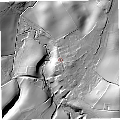 Shaded relief map of the ground around SY156BG, computed from Environment Agency LiDAR. The ground here sits at about 108 m above sea level and falls 43 m across the surrounding 800 m. Surface water reaching this point runs off ground lying to the east-south-east, 4.6 m higher.