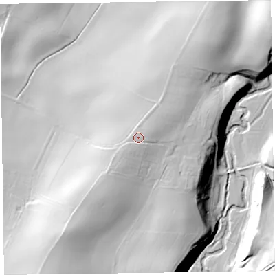 Shaded relief map of the ground around SY156BW, computed from Environment Agency LiDAR. The ground here sits at about 127 m above sea level and falls 32 m across the surrounding 800 m. Surface water reaching this point runs off ground lying to the south-west, 0.9 m higher.