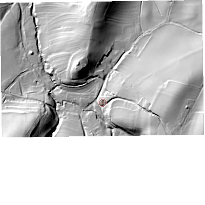 Shaded relief map of the ground around SY156BX, computed from Environment Agency LiDAR. The ground here sits at about 166 m above sea level and falls 73 m across the surrounding 800 m. Surface water reaching this point runs off ground lying to the east-south-east, 52.4 m higher.