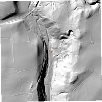 Shaded relief map of the ground around SY156DB, computed from Environment Agency LiDAR. The ground here sits at about 107 m above sea level and falls 96 m across the surrounding 800 m. Surface water reaching this point runs off ground lying to the south-east, 94.1 m higher.