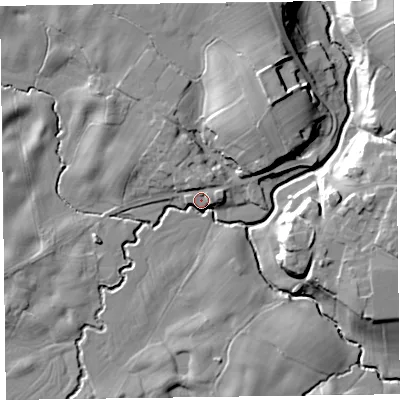 Shaded relief map of the ground around SY156SR, computed from Environment Agency LiDAR. The ground here sits at about 125 m above sea level and falls 22 m across the surrounding 800 m. Surface water reaching this point runs off ground lying to the north-north-west, 6.6 m higher.